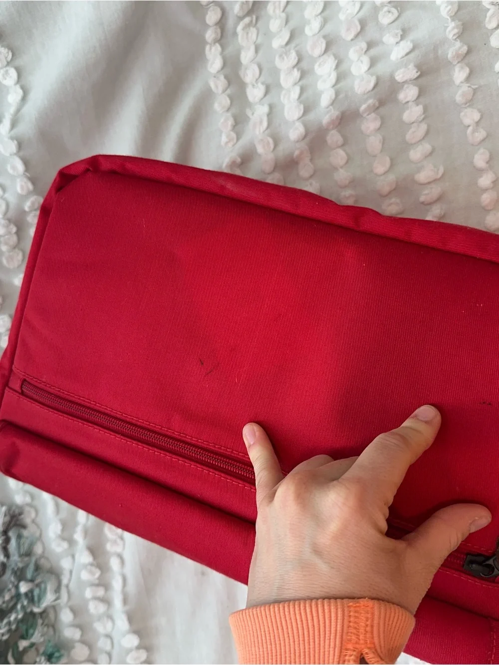 Red large camera Bag with Brown Trim -